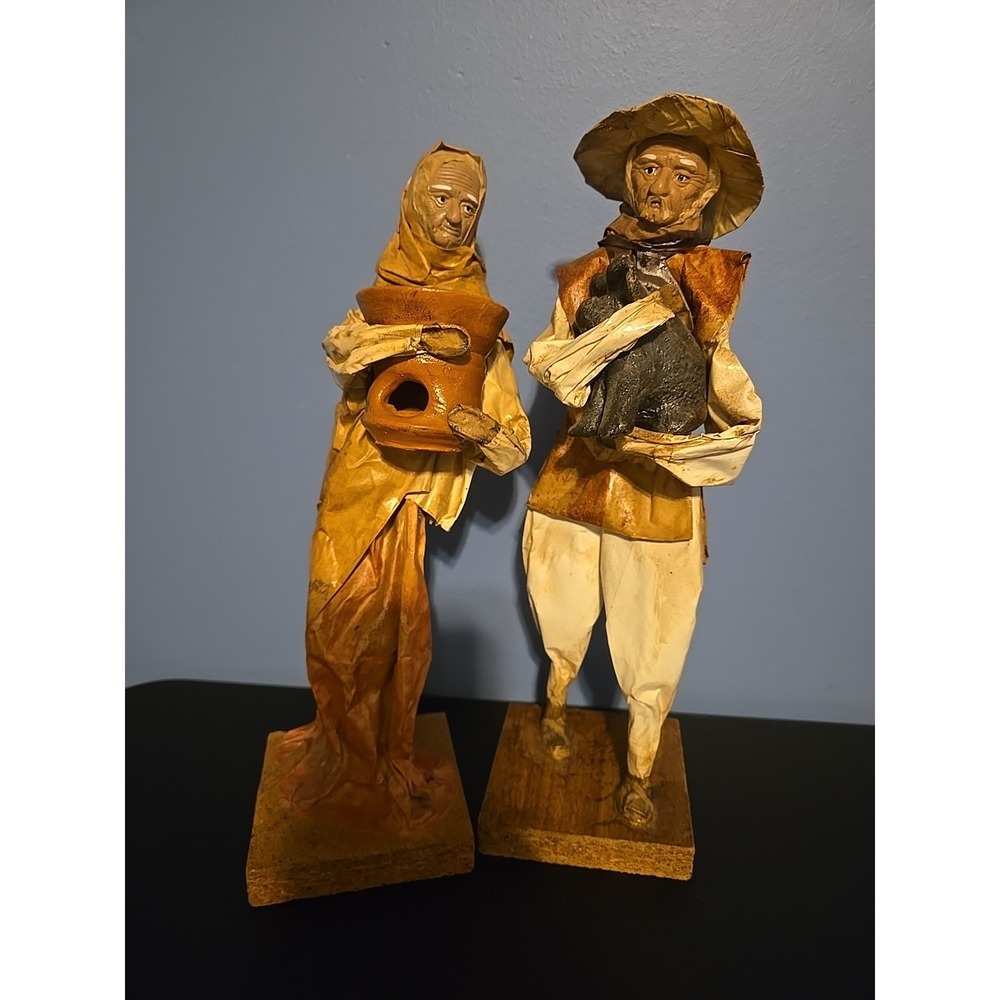 Vintage Mexican Paper Mache Folk Art Old Man Carrying Pig Old Woman With Bucket
